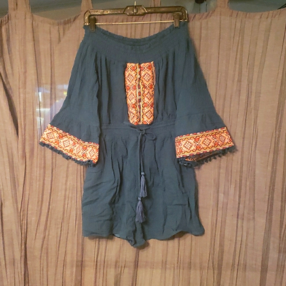 Teal, embroidered, off the shoulder romper, L.